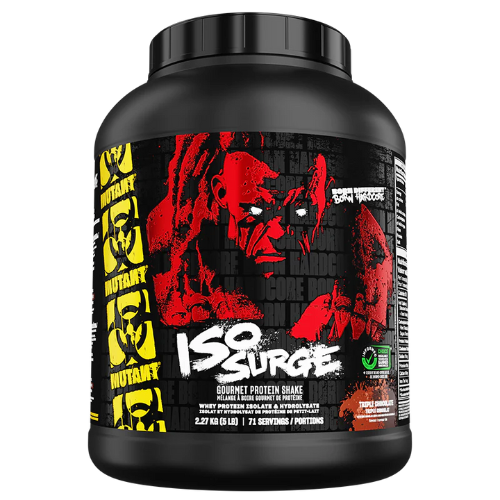 Mutant Hardcore Iso Surge Triple Chocolate whey protein 5 lbs container front