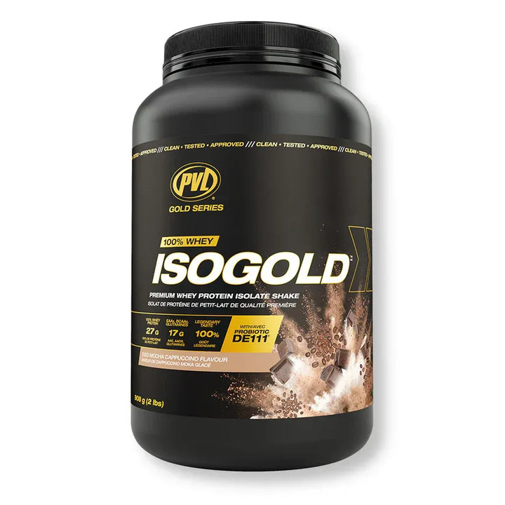 PVL ISOGOLD Isolat de protéines de lactosérum, saveur moka glacé cappuccino, 908 g ***ANCIEN FORMAT***