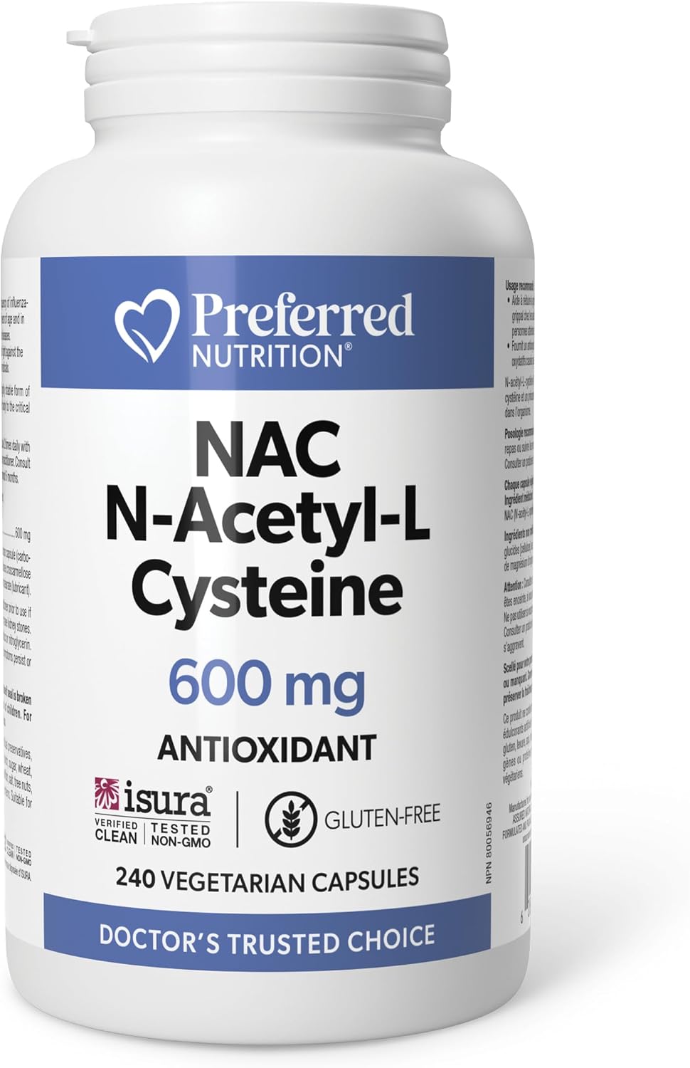 Preferred Nutrition NAC N-Acetyl-L-Cysteine 600 mg 240 vegetarian capsules container