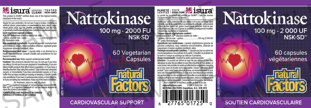 Supplement Facts label for Natural Factors Nattokinase 100 mg showing ingredients, dosage and directions