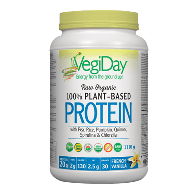 VegiDay Raw Organic 100% Plant-Based Protein wtih Pea, Rice, Pumpkin, Quinoa, Spirulina & Chlorella French Vanilla Powder